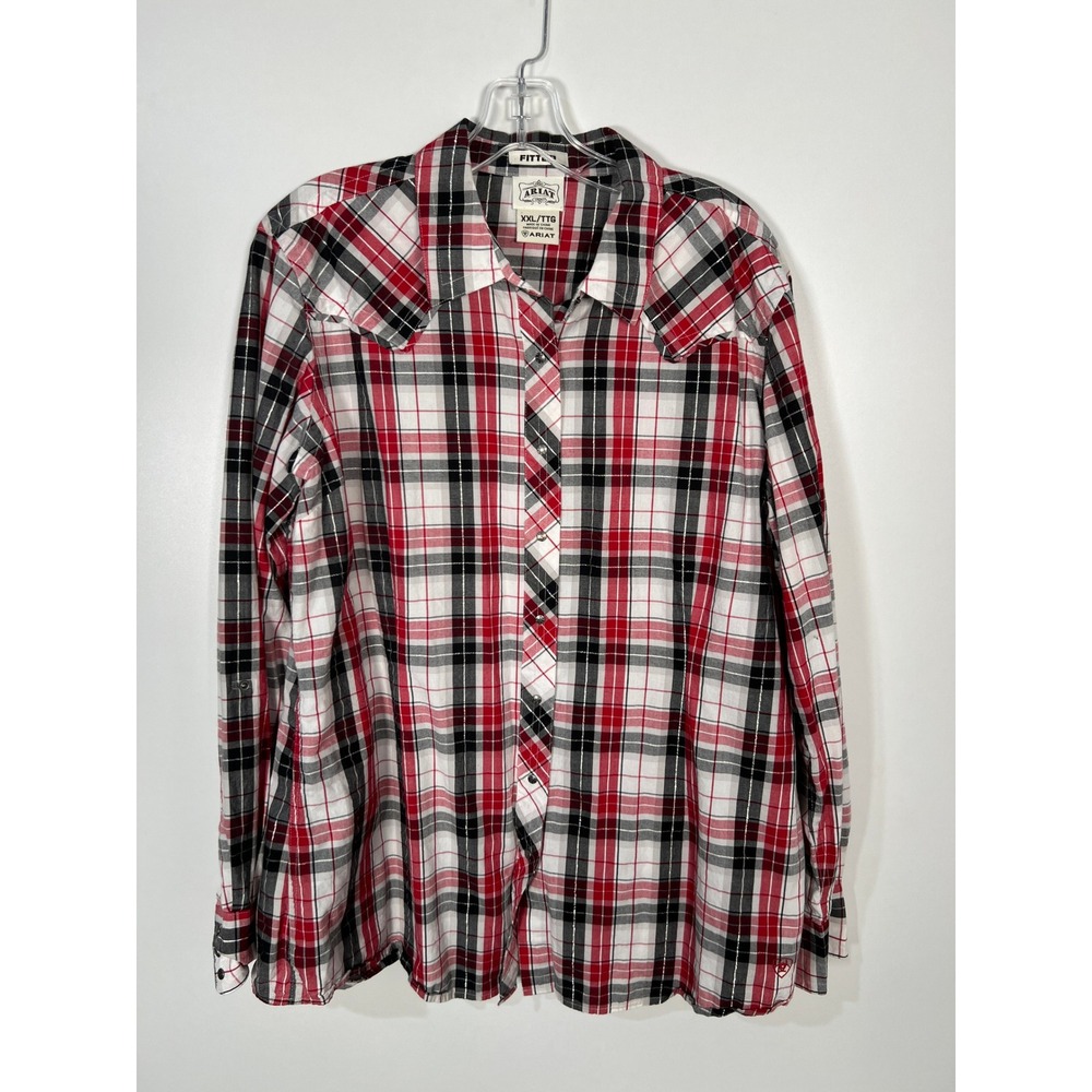 Ariat Plaid Western Button Up Shirt XXL Red Black Metallic Snap Front